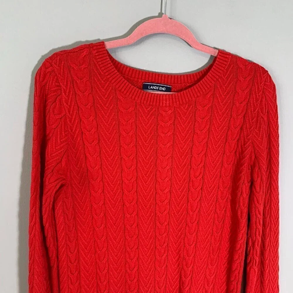 Lands' End Womens‎ Red Cotton Cable Knit Crewneck Sweater Size Small 6-8